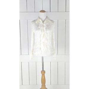 Cold Water Creek sheer ivory floral ruffle button down long sleeve blouse PS